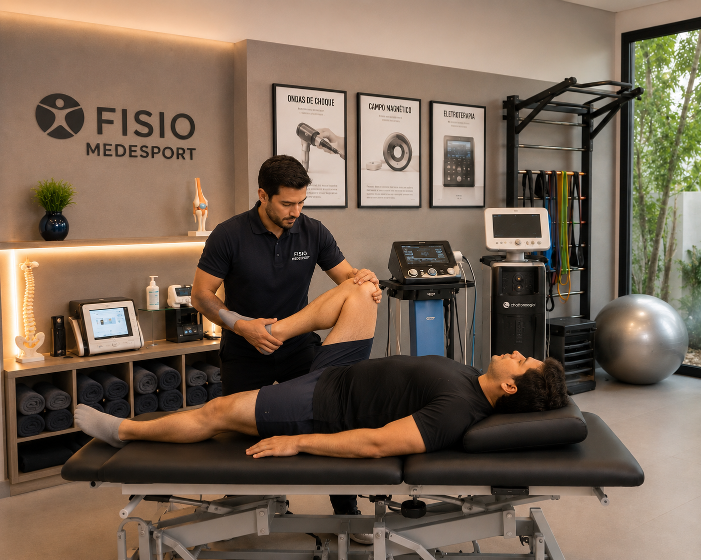 Fisioterapeuta orientando paciente em exercício de mobilidade de joelho
