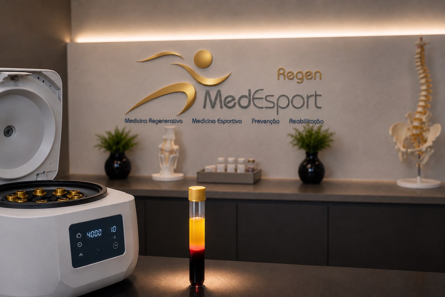 Centrífuga e tubo de plasma rico em plaquetas (PRP) preparados no consultório