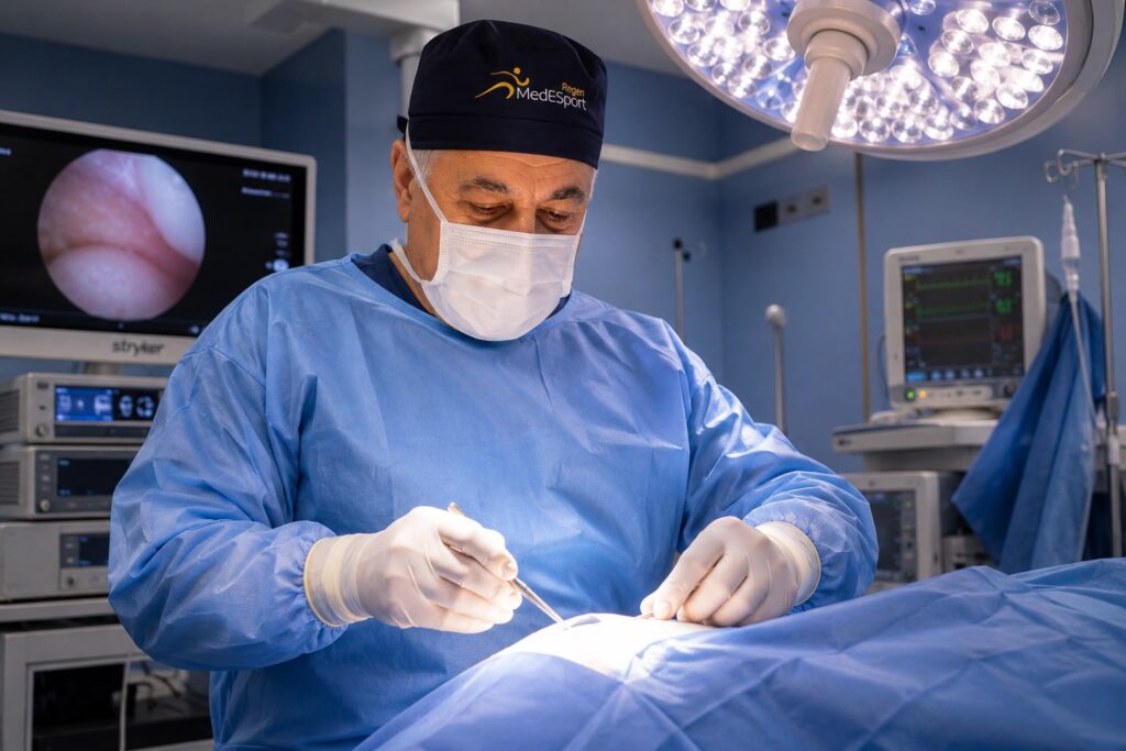 Dr. Claudio Lepéra realizando cirurgia artroscópica em centro cirúrgico