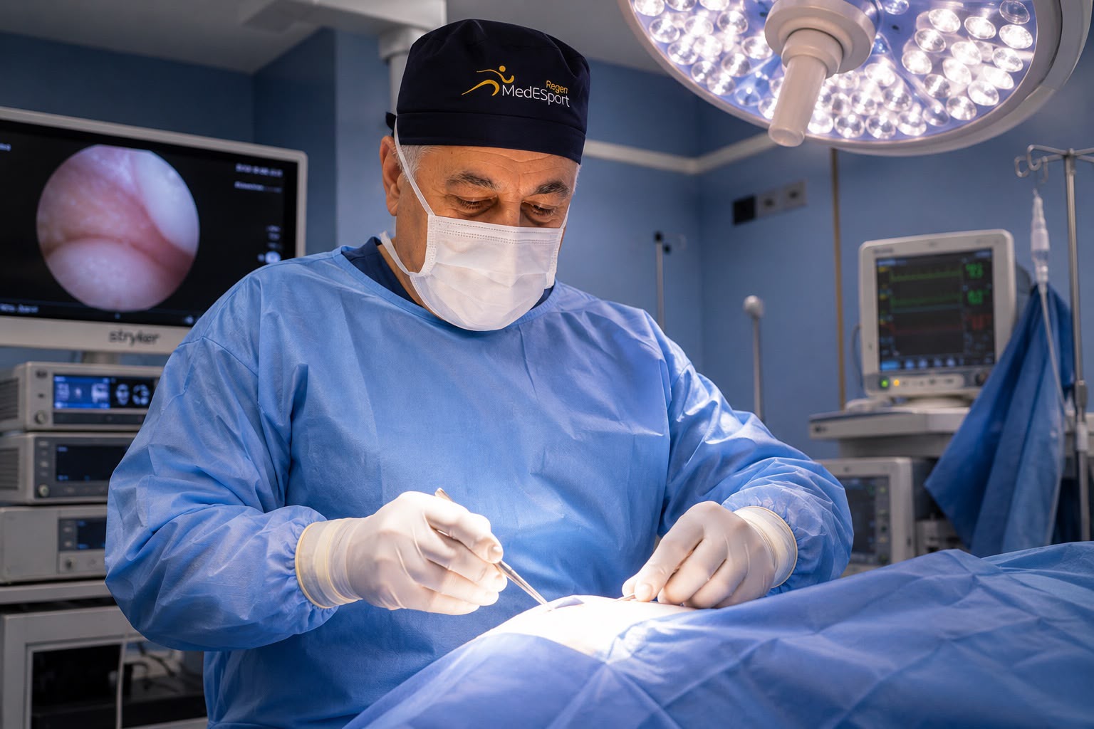 Dr. Claudio Lepéra em centro cirúrgico, realizando cirurgia de artroscopia
